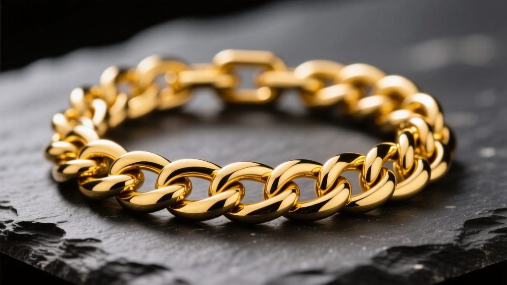 Macro shot of a yellow gold Cuban link chain on dark slate, showing rich reflections and fine details under warm studio lighting