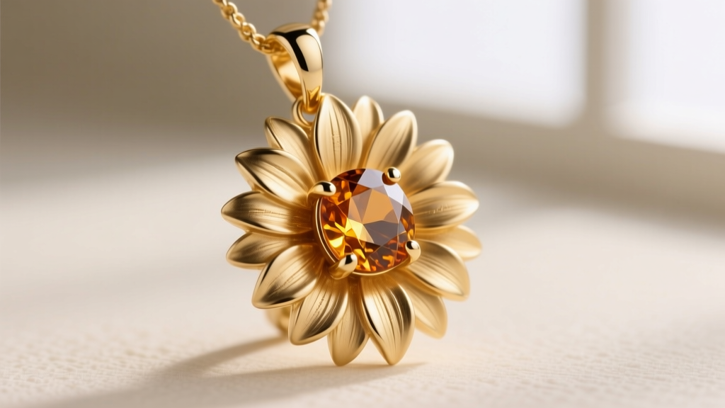 Macro shot of an 18k gold sunflower pendant edge, showing smooth lost-wax casting details and a prong-set citrine center stone.