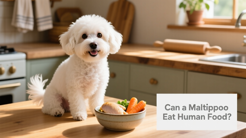 A happy Maltipoo sitting beside a small bowl of plain cooked chicken and steamed carrots