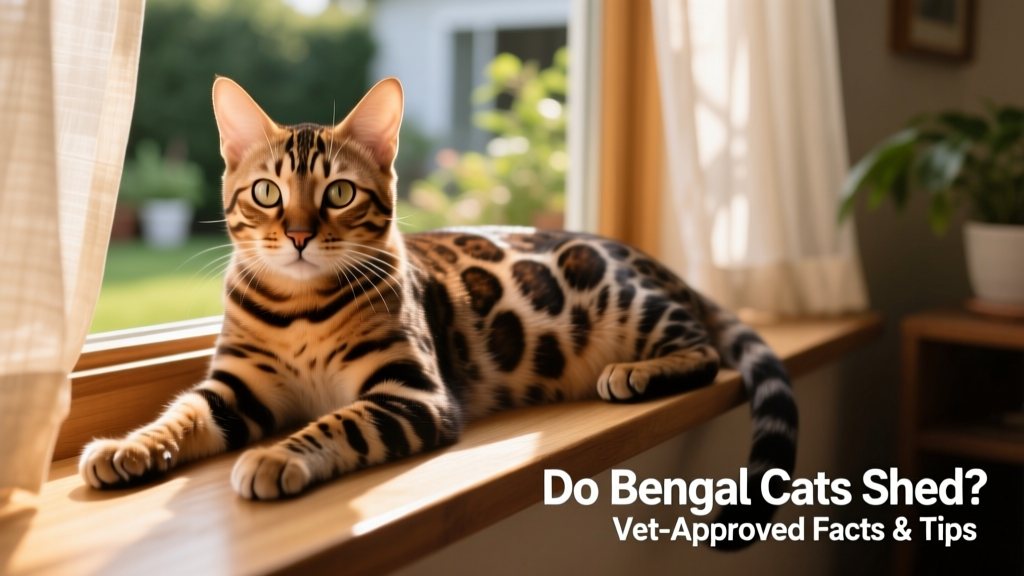 Close-up of a glossy, spotted Bengal cat lying on a sunlit windowsill
