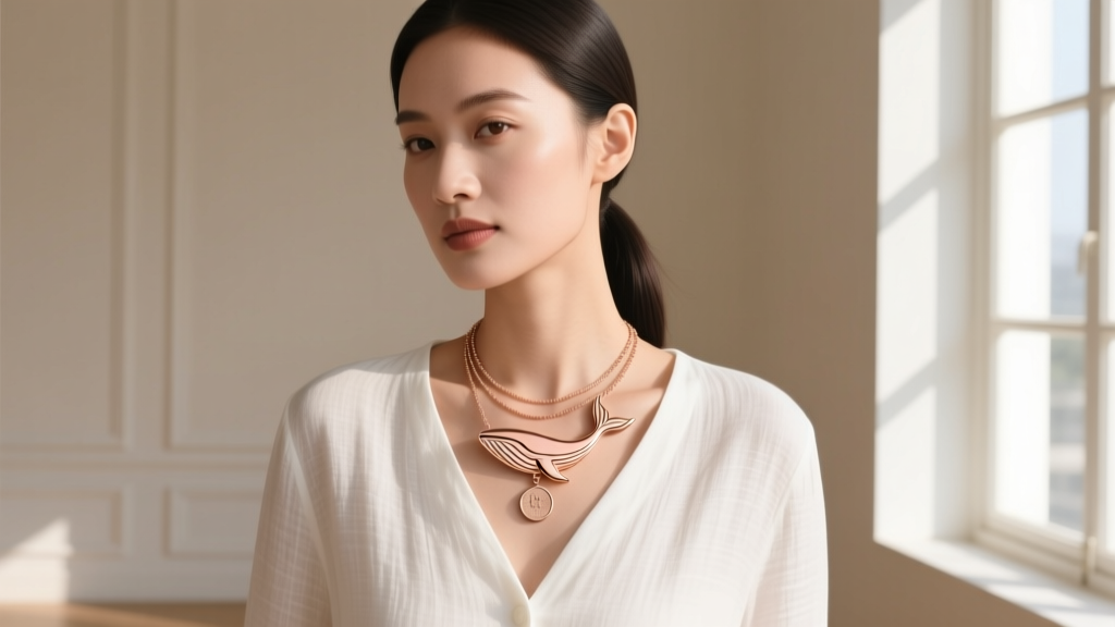Woman wearing a layered 14k rose gold whale tail necklace alongside a simple coin pendant, styled with a white v-neck linen shirt