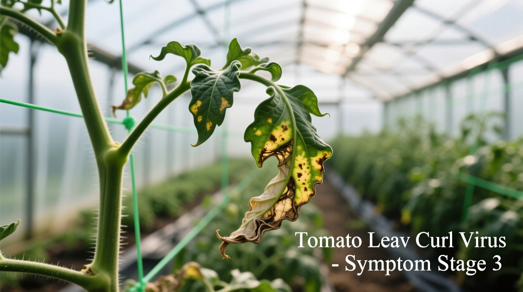 Close-up of tomato plant showing leaf twisting symptoms