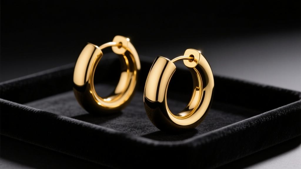 Modern 14k solid yellow gold chunky 15mm tube hoop earrings on a black velvet tray, studio lighting, high contrast rock aesthetic