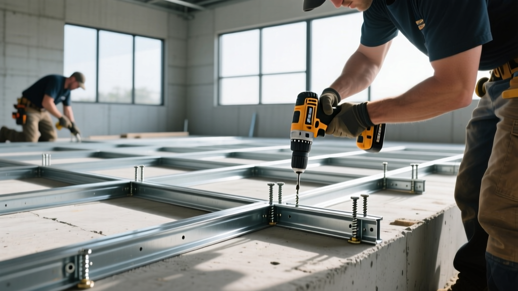 Framers installing 16-gauge galvanized light gauge steel studs and tracks on a multi-family concrete slab using self-drilling screws