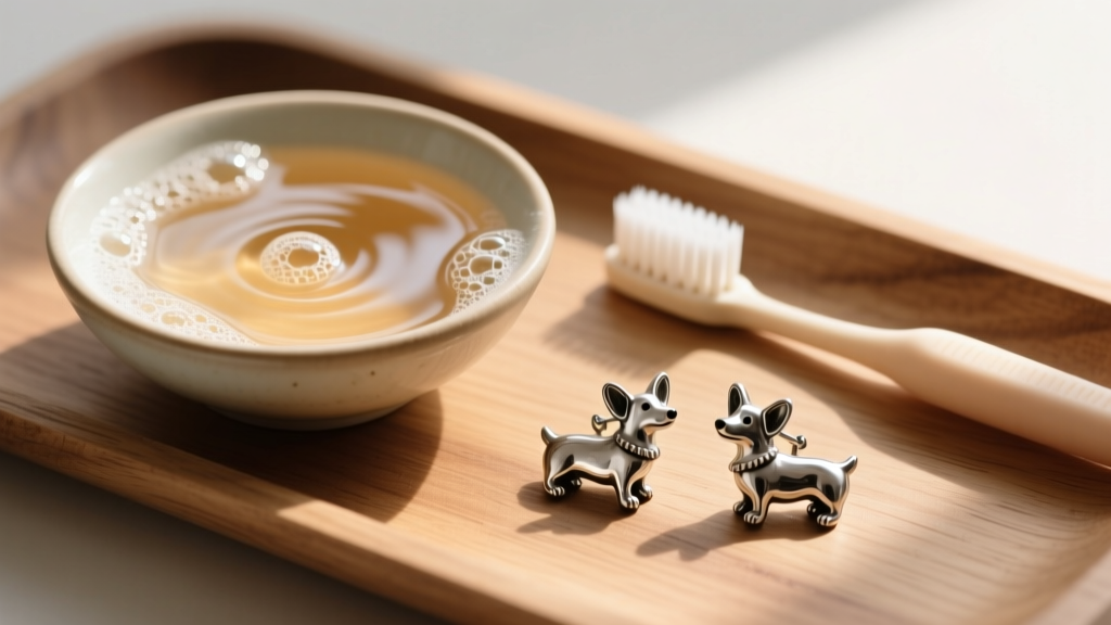 Bowl of warm soapy water next to a soft-bristled baby toothbrush and a pair of dirty silver corgi drop earrings on a wooden tray