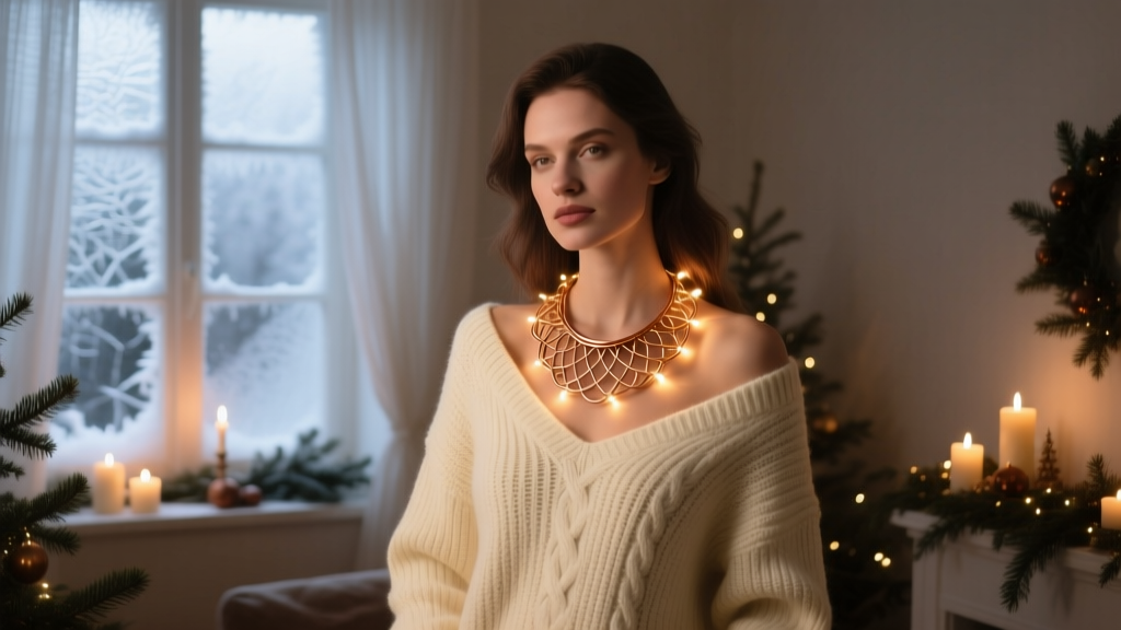Woman wearing a glowing copper wire light necklace over a cream cable-knit sweater in a cozy, dimly lit holiday room setting.