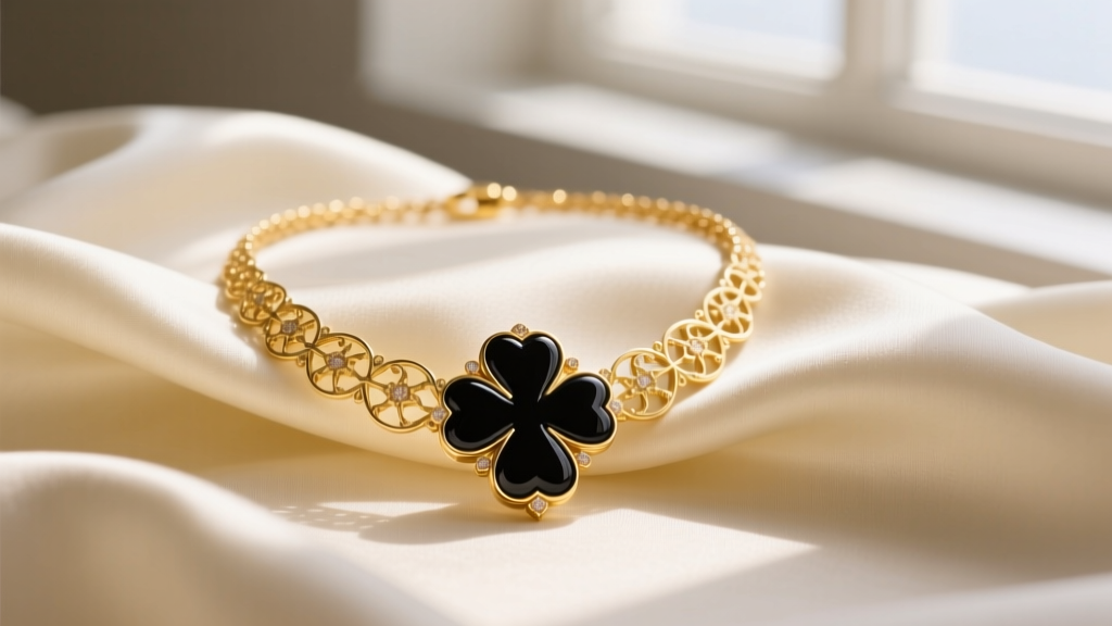 An 18k yellow gold VCA Vintage Alhambra necklace with a black onyx clover motif resting elegantly on folded cream silk fabric.