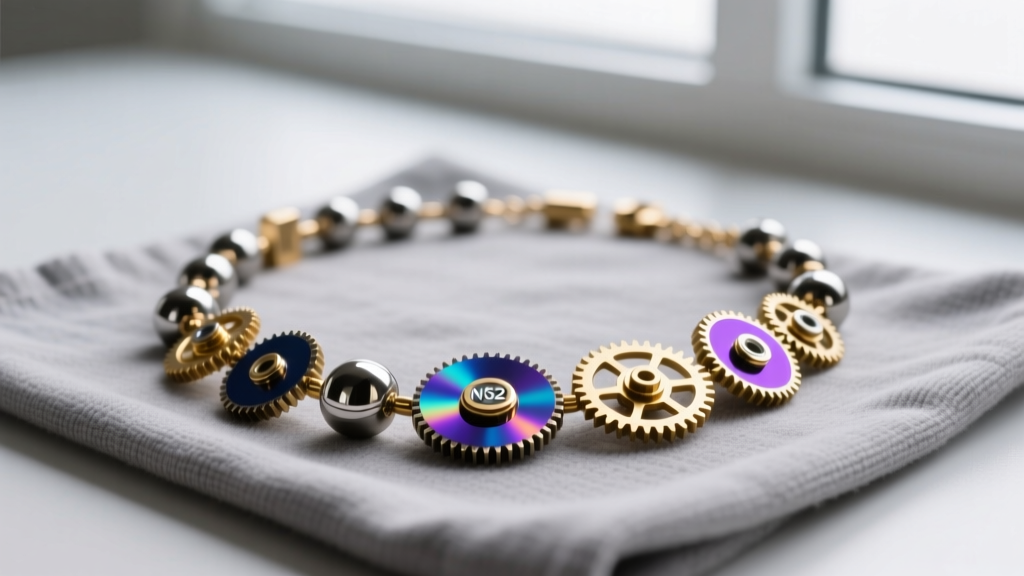 Disassembled kinetic necklace showing tiny N52 neodymium magnets and PVD-coated brass gears arranged on a gray microfiber cloth.