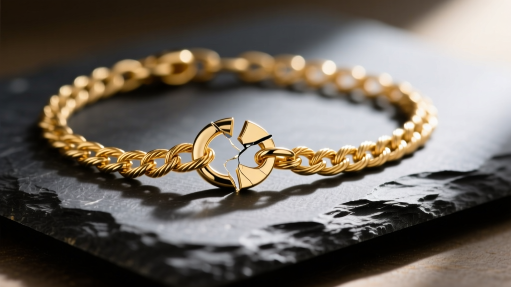 Macro photo of a broken 14k gold cable chain necklace with a fractured jump ring resting on a dark slate jeweler