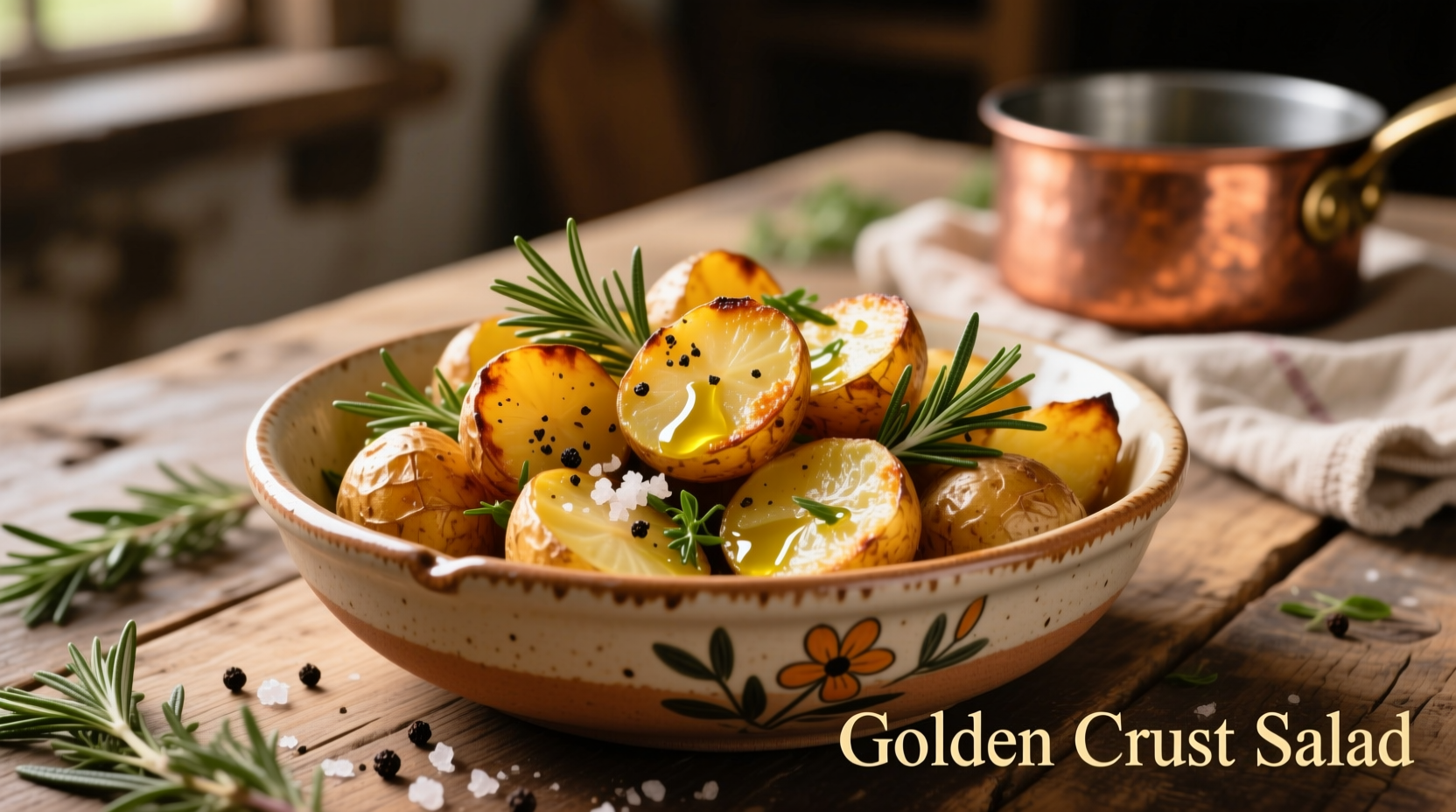 Crispy golden roast potato salad in a ceramic bowl