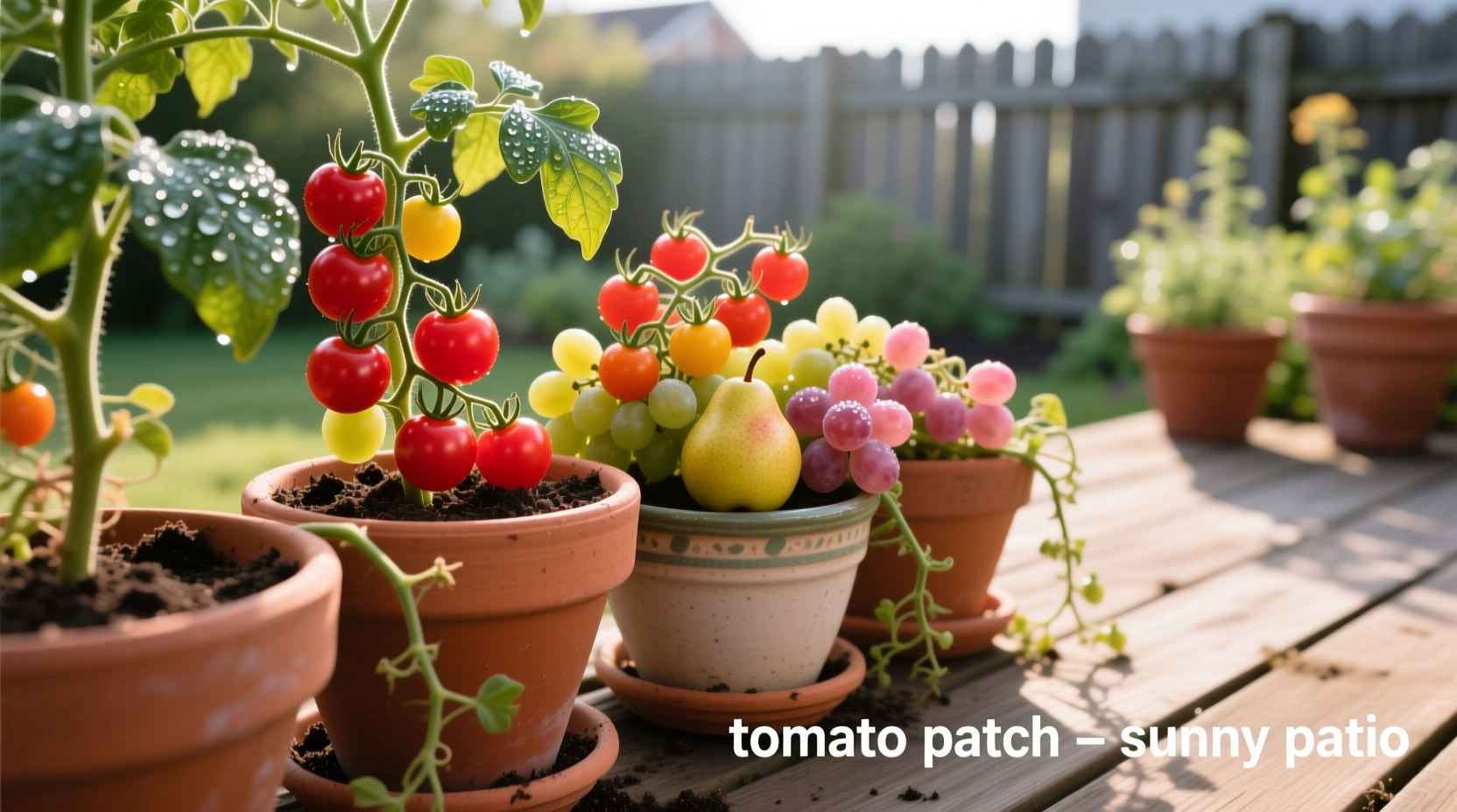 Small tomato varieties growing in containers on a sunny patio