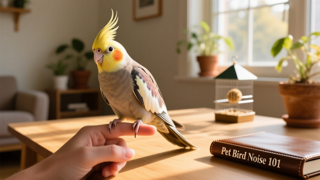 A young cockatiel perched quietly on a finger, eyes bright and posture relaxed