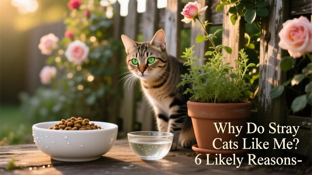 A clean ceramic bowl of cat food and fresh water placed near a garden fence, with a curious stray cat watching from a short distance