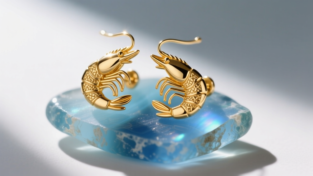 Close-up of 14k gold shrimp earrings resting on raw blue sea glass, soft natural sunlight highlighting textured gold segments