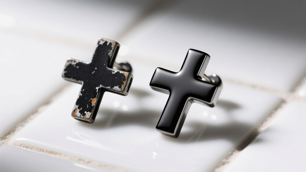 Macro shot comparing faded electroplated black cross earring next to a pristine PVD black titanium cross on white ceramic tile.