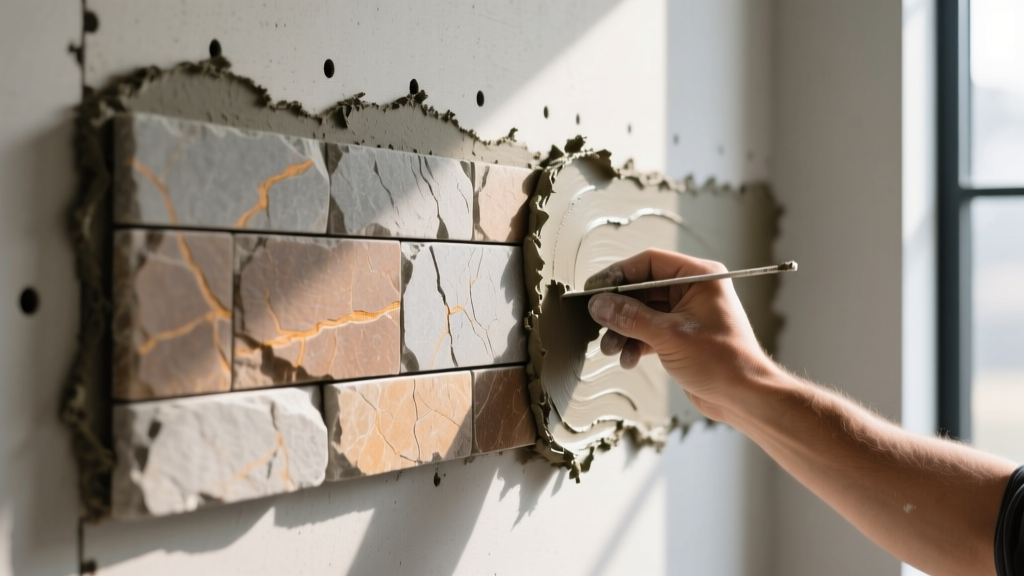 Close-up of manufactured ledger stone veneer tile being applied with thinset mortar over cement backer board on an interior accent wall