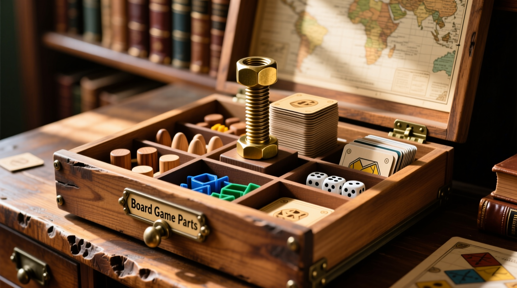 use a nut and bolt drawer to store loose board game pie