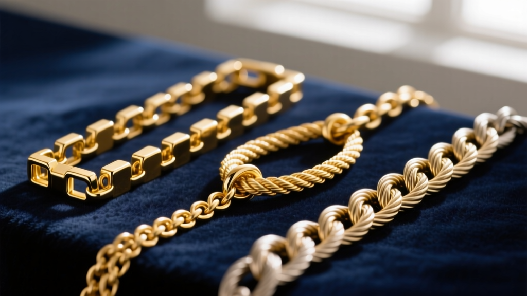 Macro photo of three gold chain styles: box, rope, and cable, laid parallel on velvet to compare link thickness and metal weave