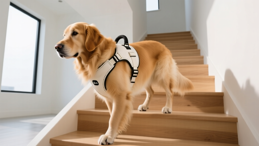 A golden retriever wearing a structured mobility assistance harness with a padded top handle being gently guided up a wooden staircase