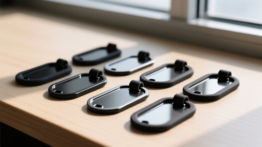 Matte black titanium military ID tags with silicone edge silencers, resting on a clean wooden surface with soft, natural shadows.