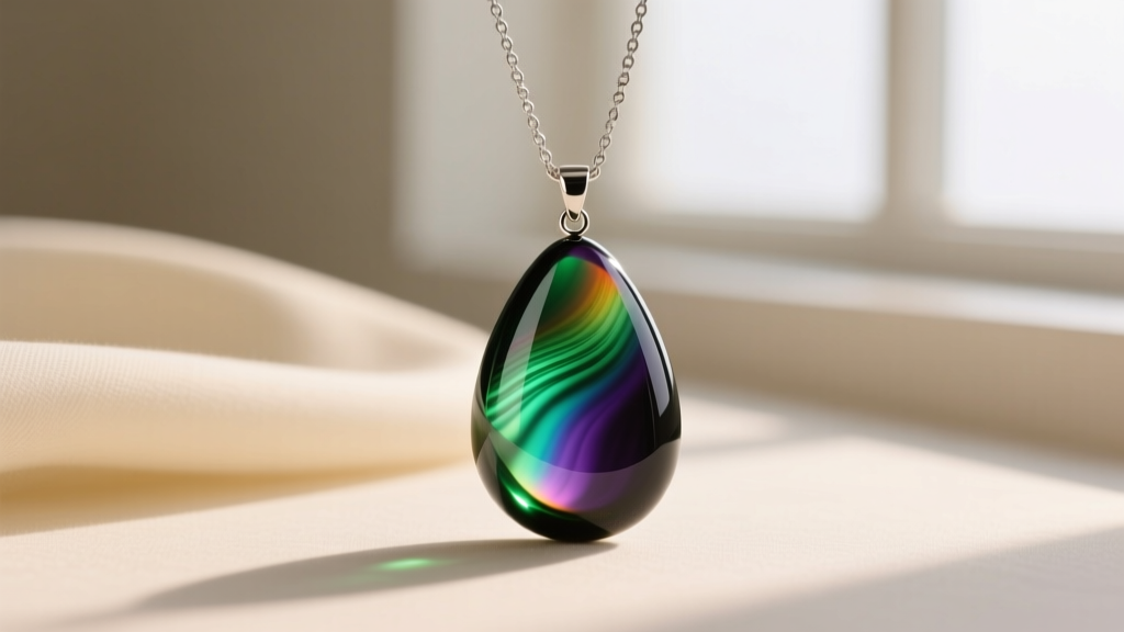 Polished rainbow obsidian teardrop pendant on a silver chain showing vibrant green and purple sheen under soft light