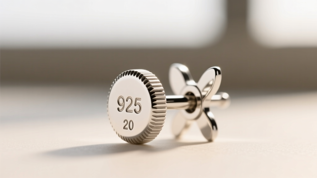 Extreme macro shot of a 20-gauge sterling silver earring post showing the 925 stamp and secure friction butterfly backing mechanism
