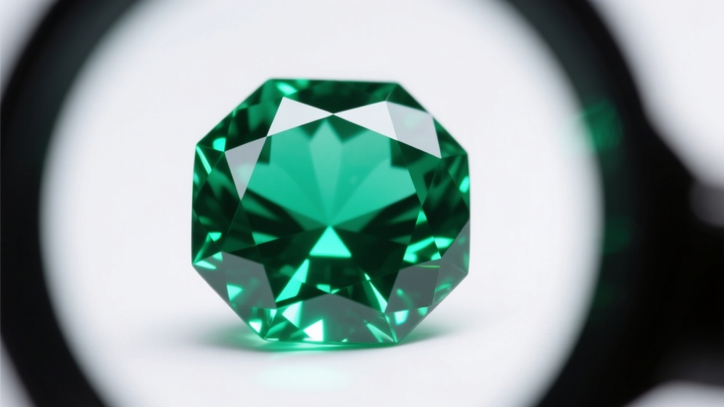 Close-up of lab emerald under jeweler loupe showing clean clarity without natural jardin inclusions under cool LED lighting.