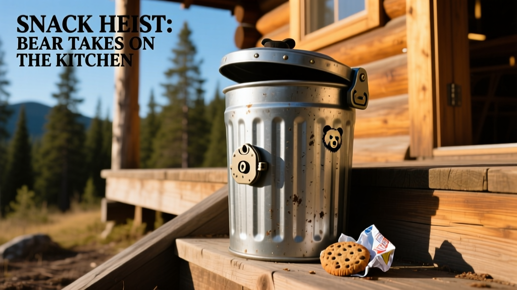 Close-up of a bear-resistant trash can with a secure locking lid, placed beside a wooden cabin step