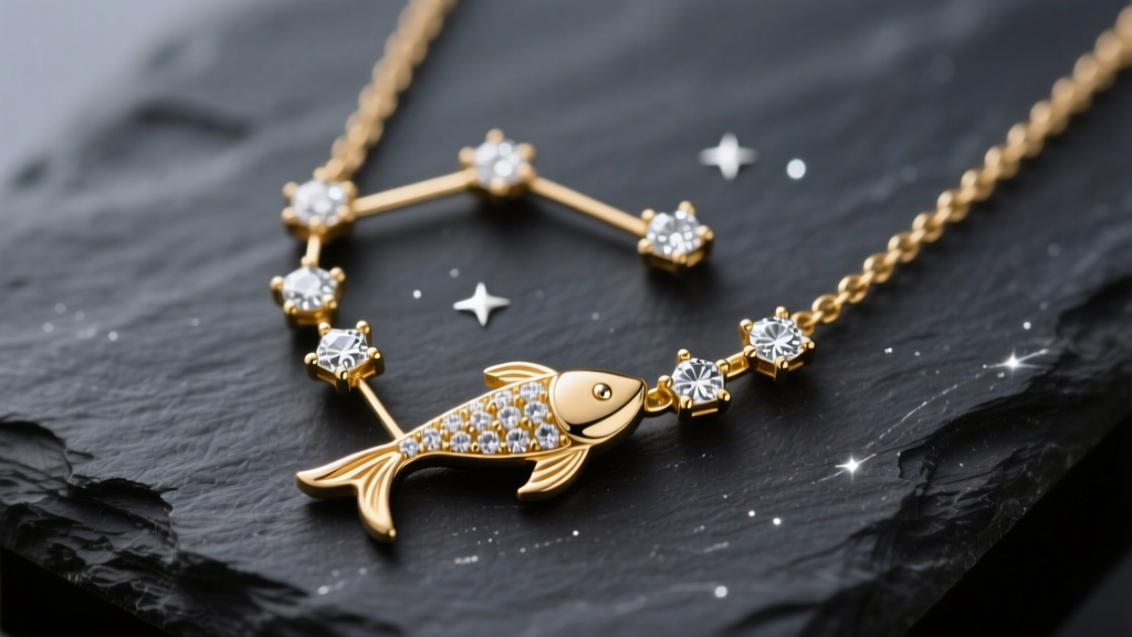 Macro shot of a delicate 14k gold Pisces constellation necklace on dark slate, highlighting tiny prong-set cubic zirconia stars.