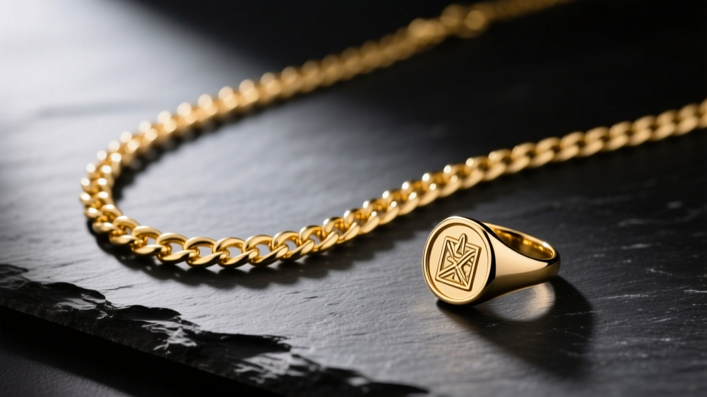 Flat lay of an 18 karat yellow gold chain necklace and signet ring resting on dark slate surface with soft directional lighting