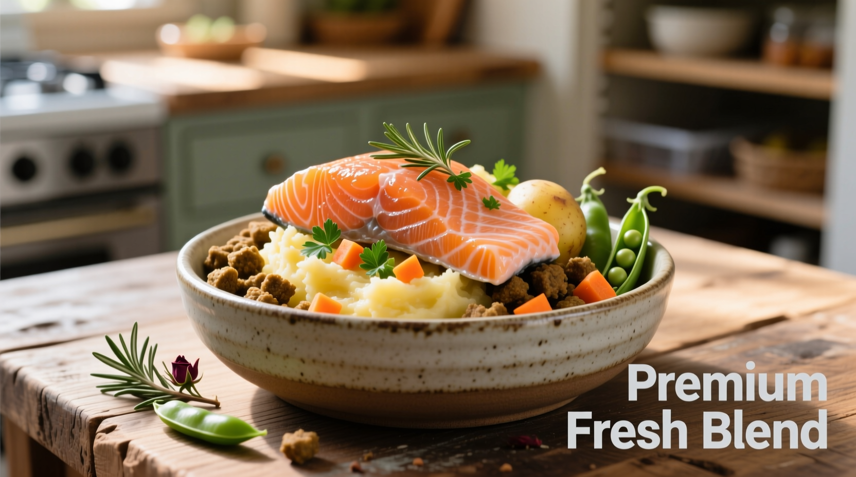 Salmon and potato dog food in bowl with fresh ingredients