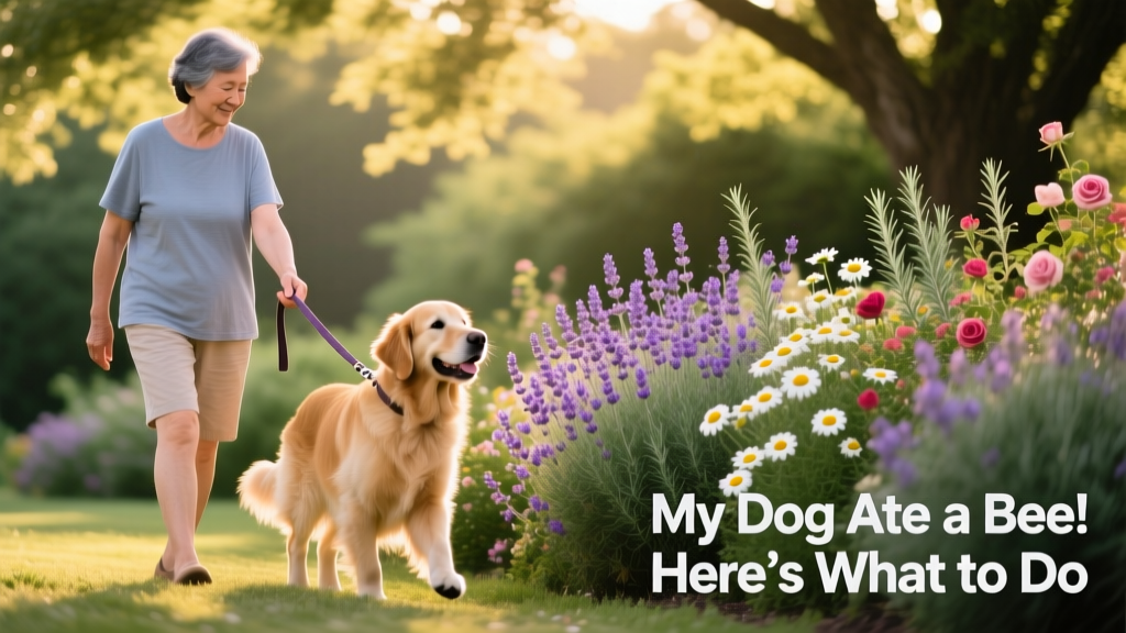 Dog owner calmly walking their dog past a flowering garden, using a gentle leash cue