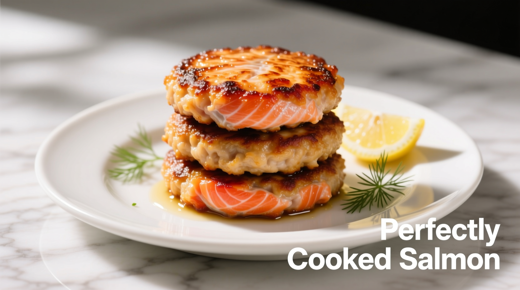 Perfectly cooked golden salmon patties on a white plate