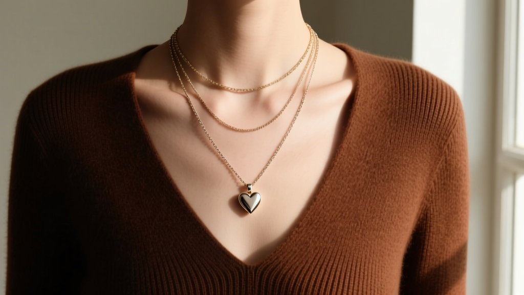 Three layered necklaces of varying lengths featuring a dainty heart pendant on the middle chain, styled over a deep V-neck sweater