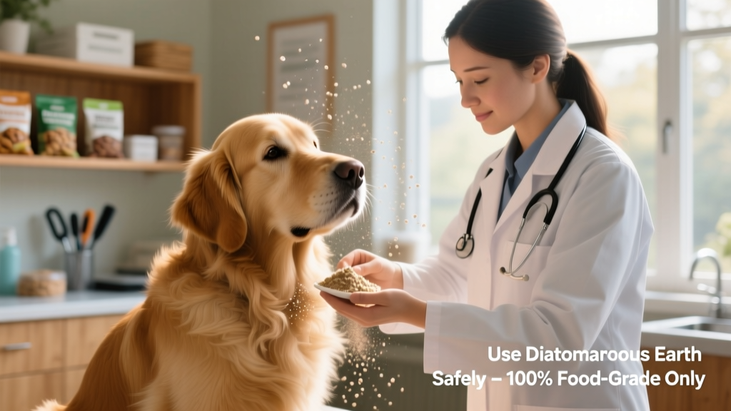 A veterinarian gently applying food-grade diatomaceous earth powder to a dog's dry coat during a wellness check