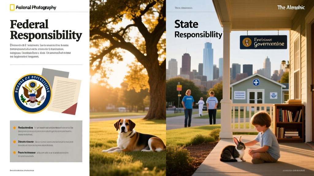 A side-by-side comparison graphic showing federal and state animal protection law responsibilities