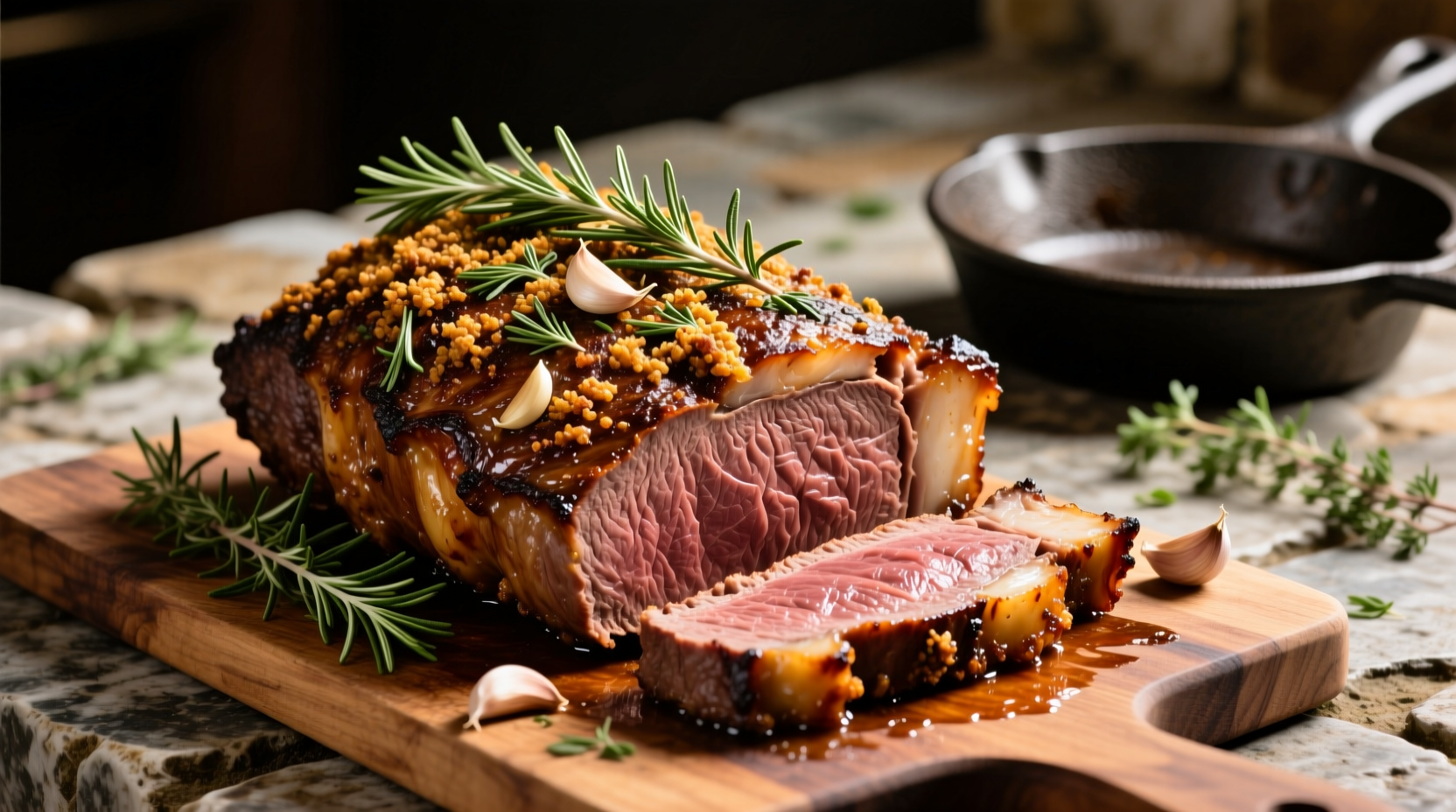Perfectly seared shoulder roast with herb crust