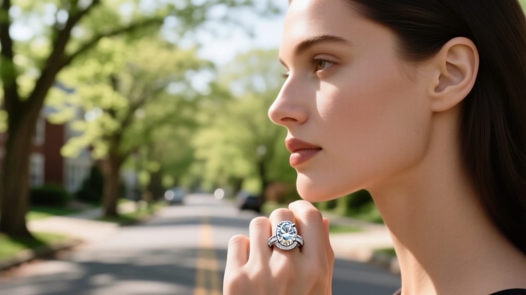 Side profile of a woman wearing a custom platinum bezel-set oval lab diamond ring against a blurred tree-lined Montclair street.