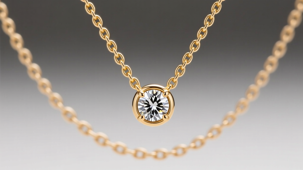 Close-up of a delicate 14k gold cable chain with a minimalist bezel-set round solitaire diamond pendant on a neutral background.