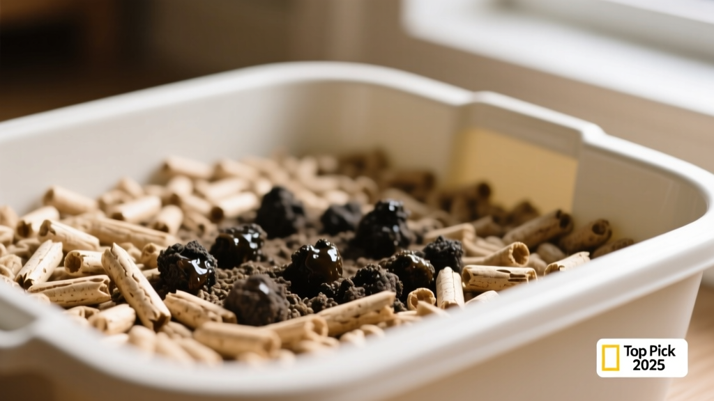 Close-up of natural wood pellet litter in a clean litter box, showing dry pellets and darkened wet clumps