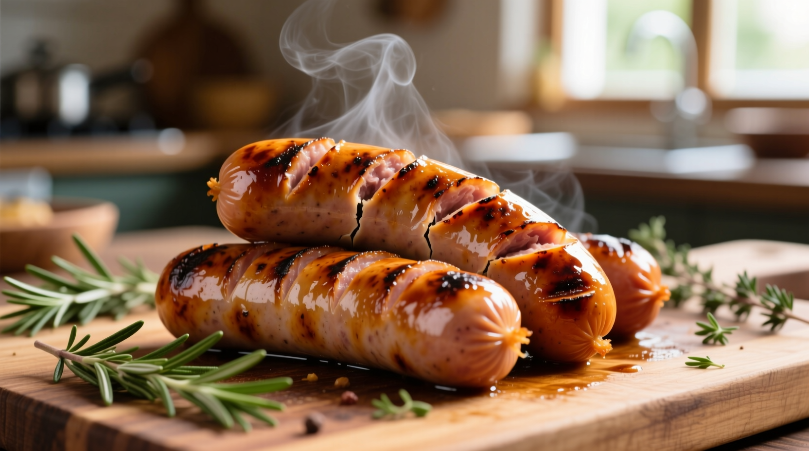 Perfectly grilled sausages with golden brown casing