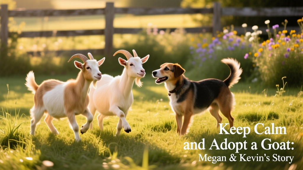 Whitson and Georgie the goats playing beside their terrier friend Memphis in a grassy yard
