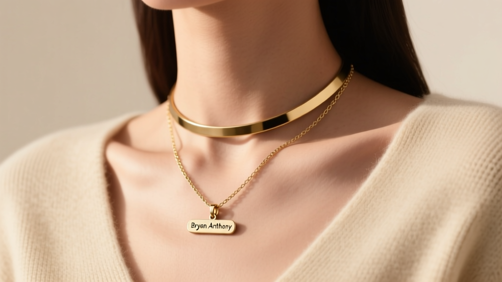 Close-up of a collarbone showing a gold choker layered with an 18-inch Bryan Anthony message pendant against a beige sweater.