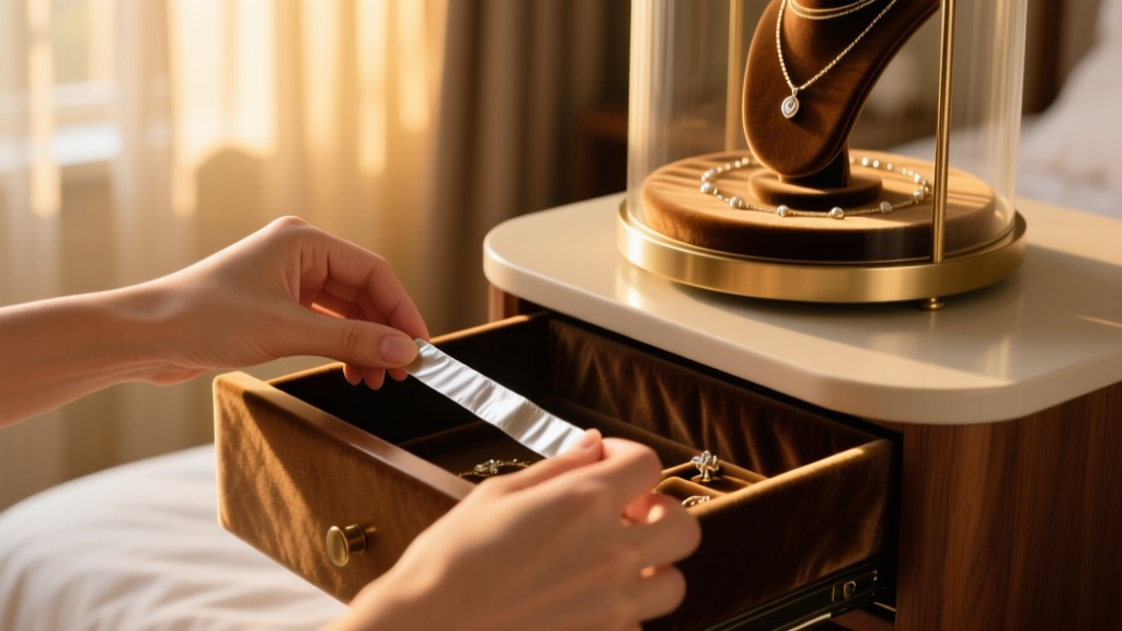 Hands placing an anti-tarnish strip into a velvet drawer of a spinning jewelry tower, illuminated by soft, warm bedroom lighting.