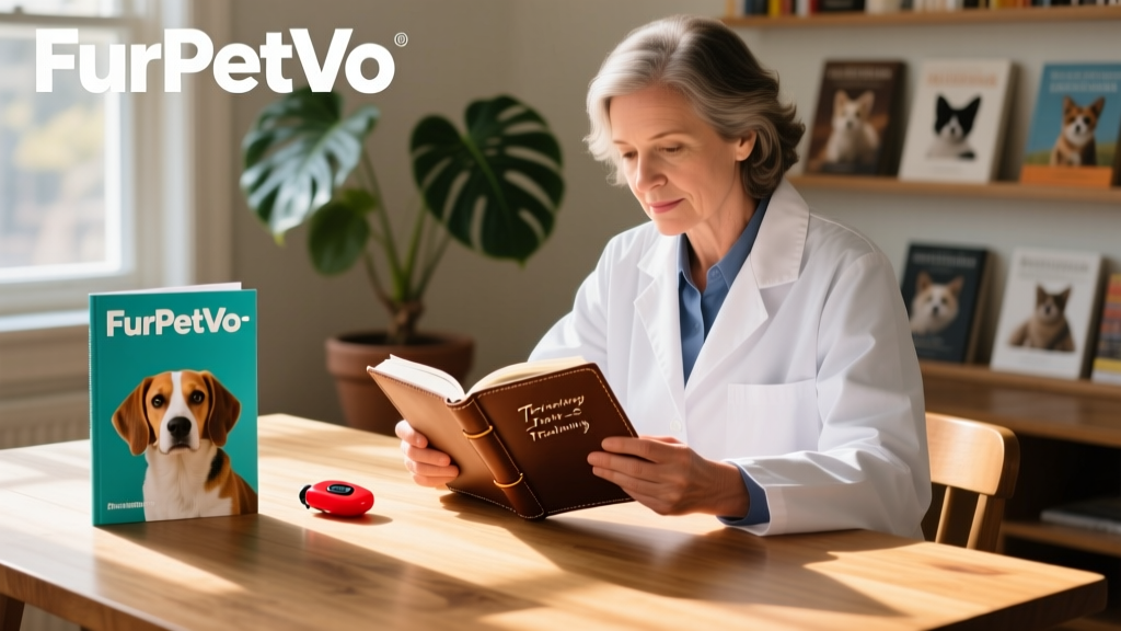 Veterinarian reviewing a dog training resource with notes, alongside a FurPetVo-branded training guide and clicker