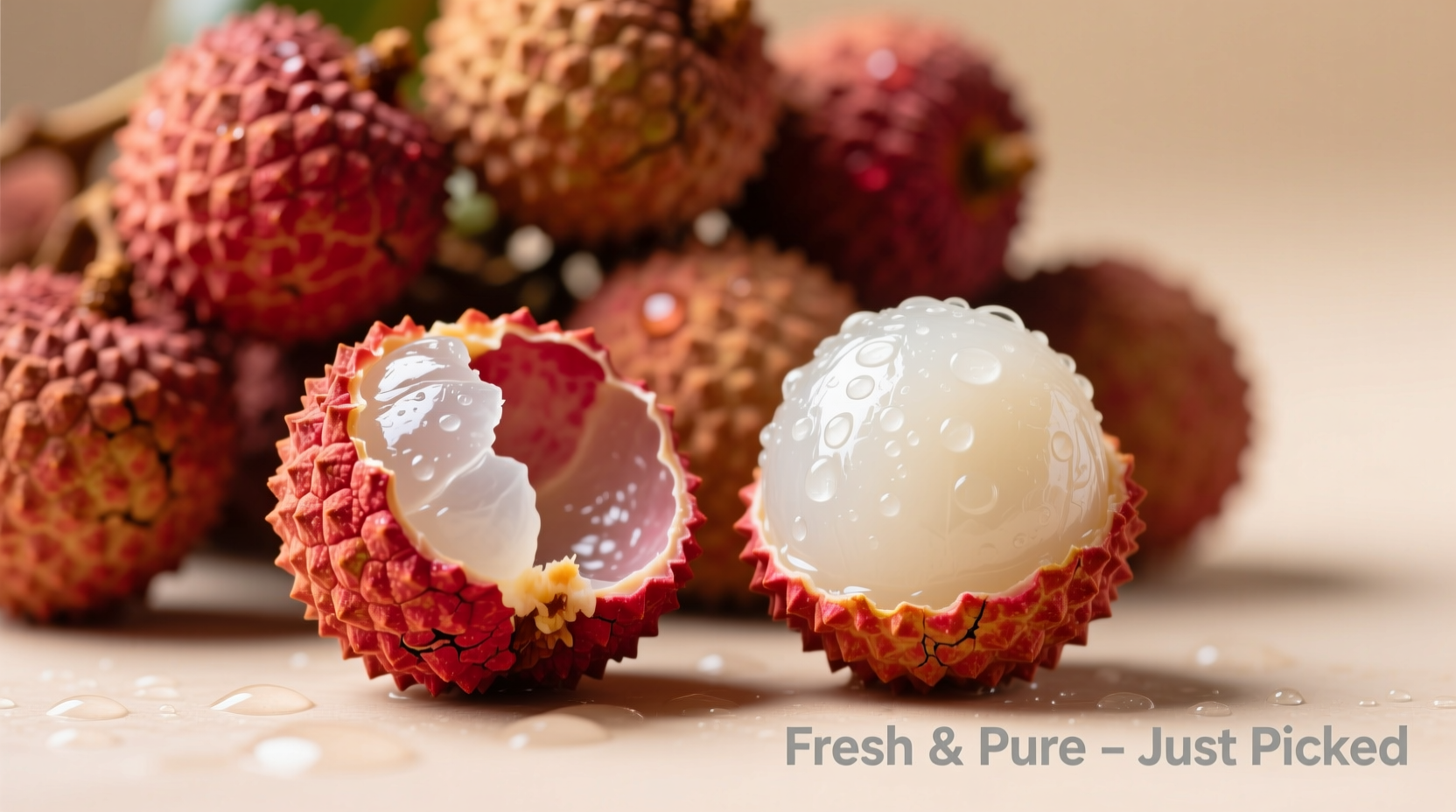 Fresh lychees with peeled examples showing white flesh