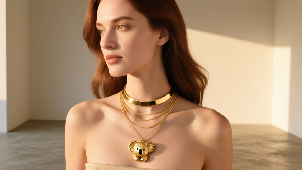 Woman wearing a layered necklace stack with a delicate 16-inch gold koala pendant paired with a 14-inch bar choker in sunlight.