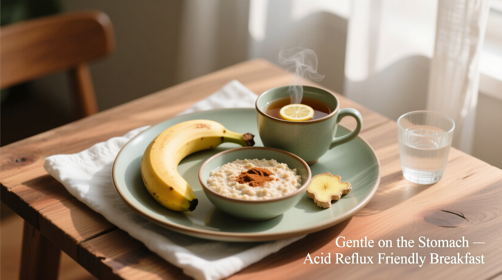 Plate with banana, oatmeal and ginger tea for acid reflux