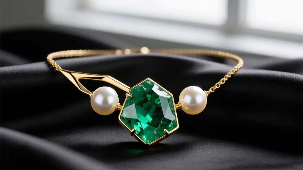 Close-up of an 18k gold asymmetric necklace with a raw Colombian emerald pendant flanked by baroque pearls on dark silk.