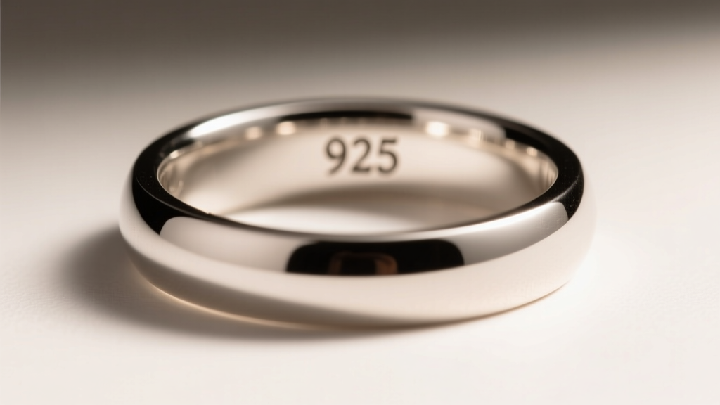 Close-up of a sterling silver ring band showing a crisp 925 hallmark stamp inside, lit by soft warm directional lighting.